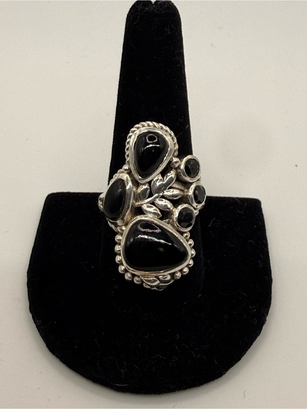 925 Sterling Silver Black Onyx Floral Statement Ring Size 9.75